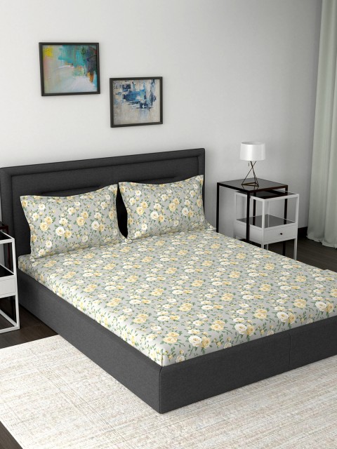 

MASPAR Grey & Yellow Floral 210 TC Cotton 1 Queen Bedsheet with 2 Pillow Covers
