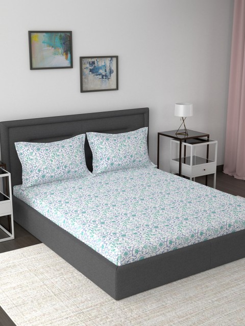 

MASPAR Blue & White Floral 210 TC Cotton 1 Queen Bedsheet with 2 Pillow Covers