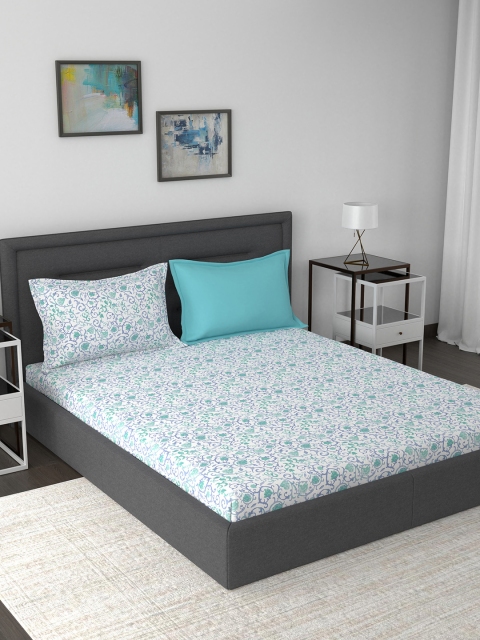 

MASPAR White & Blue Floral 210 TC Cotton 1 King Bedsheet with 2 Pillow Covers
