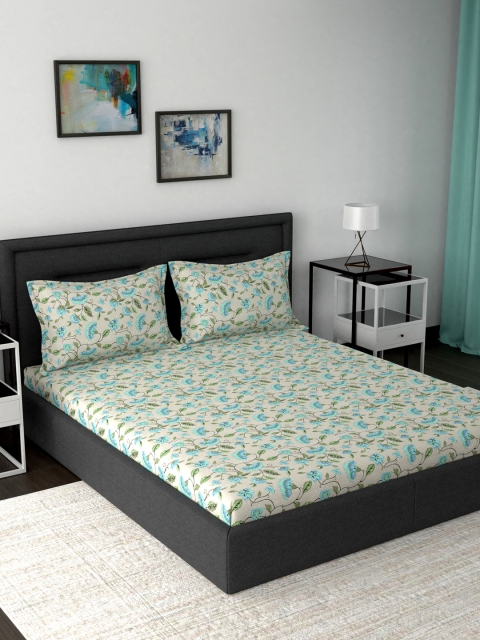 

MASPAR Beige & Blue Floral 160 TC Cotton 1 Queen Bedsheet with 2 Pillow Covers