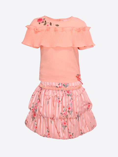 

CUTECUMBER Girls Pink & Peach-Coloured Solid Top with Skirt