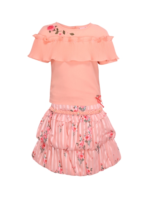 

CUTECUMBER Girls Peach-Coloured & Green Solid Top with Skirt