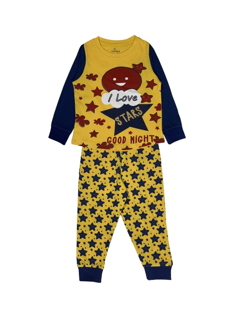 

KiddoPanti Boys Yellow & Navy Blue Printed Night suit
