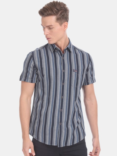 

U.S. Polo Assn. Men Grey & Navy Blue Regular Fit Striped Casual Shirt