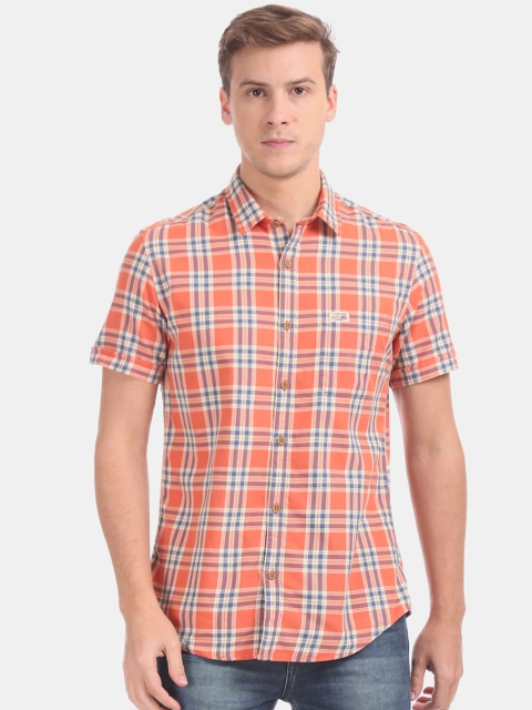 

U.S. Polo Assn. Men Orange & Navy Blue Regular Fit Checked Casual Shirt