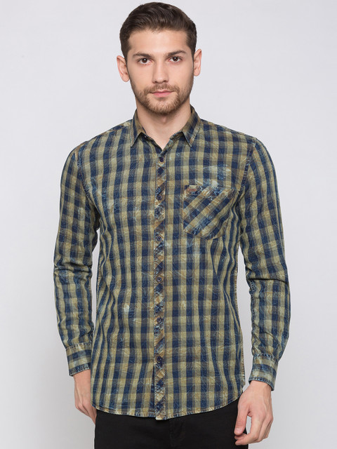 

Globus Men Blue & Yellow Regular Fit Checked Casual Shirt