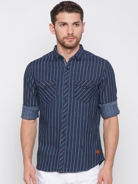 

Globus Men Navy Blue & White Regular Fit Striped Casual Shirt