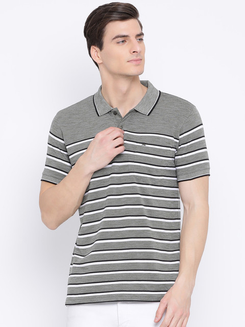 

Monte Carlo Men Grey & White Striped Polo Collar T-shirt