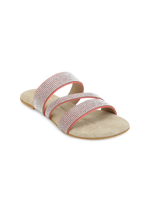 

SCENTRA Women Pink & White Embellished Open Toe Flats