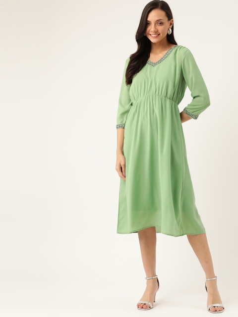 

DressBerry Women Green Solid Semi-Sheer A-Line Dress