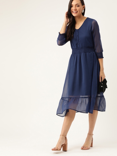 

DressBerry Women Navy Blue Solid Semi-Sheer Fit and Flare Dress