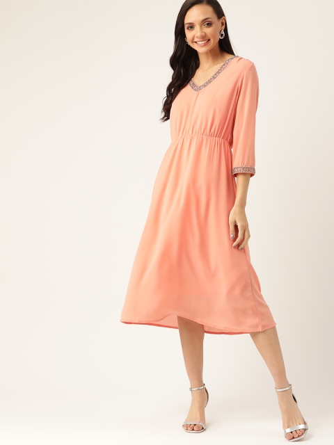 

DressBerry Women Peach-Coloured Solid A-Line Dress with Inner