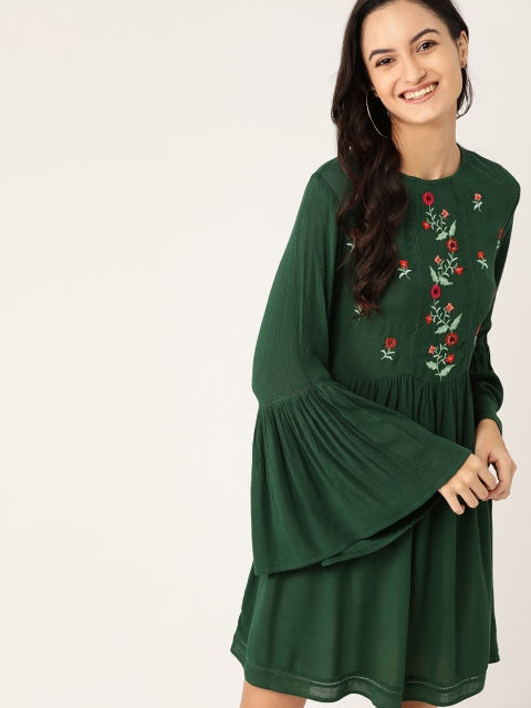 

DressBerry Women Green Floral Embroidered A-Line Dress