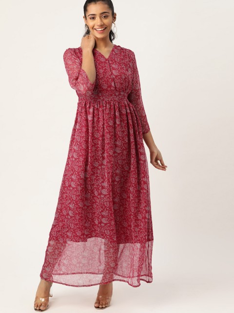 

DressBerry Women Magenta & Grey Floral Print Maxi Dress
