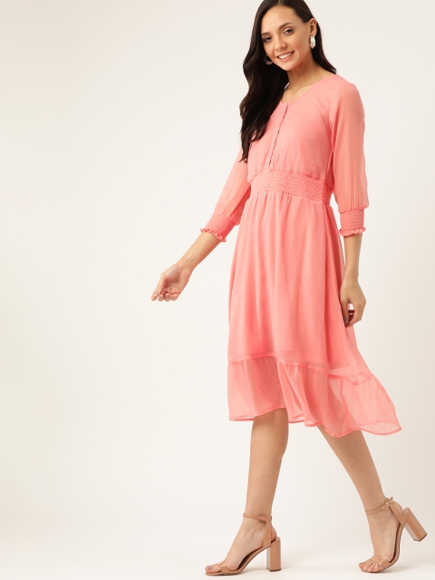

DressBerry Women Peach-Coloured Solid Semi-Sheer A-Line Dress