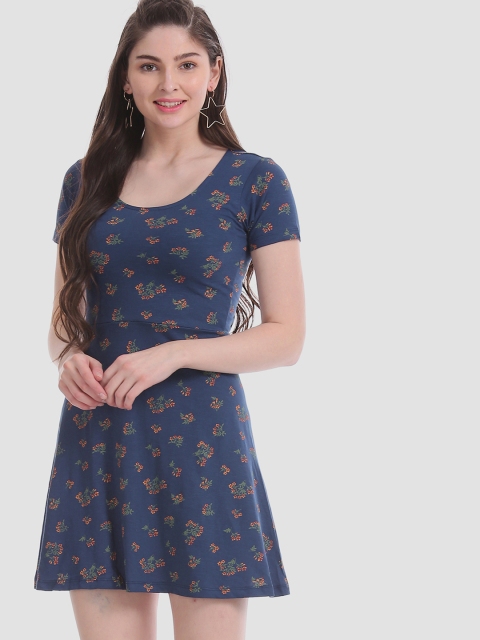 

Aeropostale Women Navy Blue & Green Printed Fit and Flare Dress