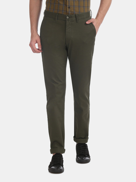 

U.S. Polo Assn. Men Olive Green Slim Fit Solid Regular Trousers