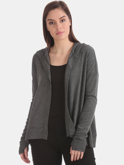 

Aeropostale Women Grey Solid Open Front Hooded Shrug