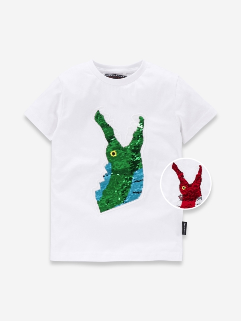 

MAGIC TEES Boys White Crocodile Flip Sequinned Round Neck T-shirt