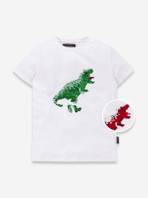 

MAGIC TEES Boys White Dinosaur Flip Sequinned Round Neck T-shirt