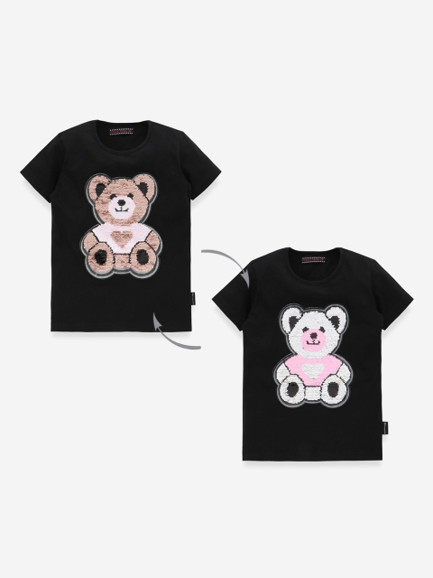 

MAGIC TEES Girls Black Teddy Flip Sequinned Round Neck T-shirt