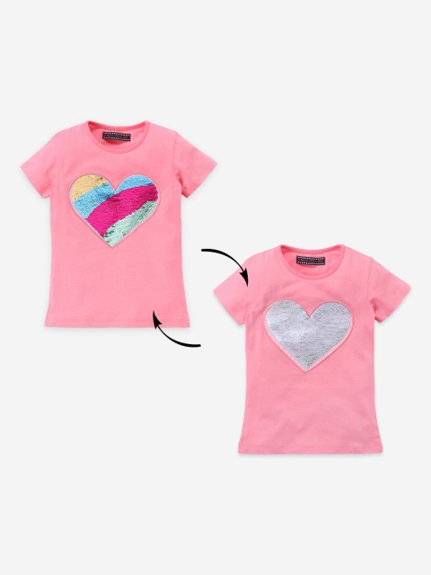 

MAGIC TEES Girls Pink Mermaid Sequinned Round Neck T-shirt