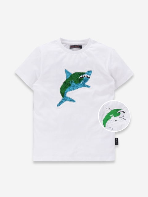 

MAGIC TEES Boys White Shark Mermaid Sequin Round Neck T-shirt