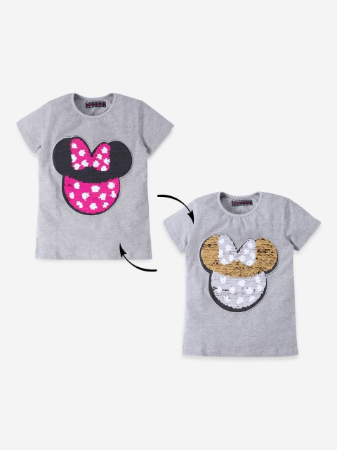 

MAGIC TEES Girls Grey Mickey Mouse Flip Sequinned Round Neck T-shirt