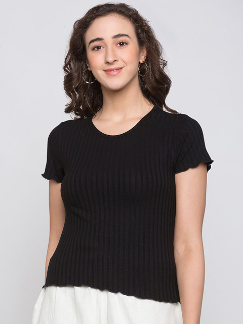 

Globus Women Black Ribbed Pure Cotton Top