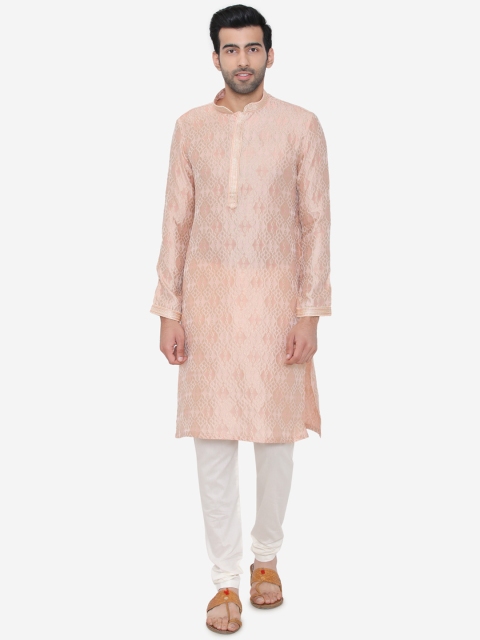 

Manyavar Men Peach-Coloured & White Woven Design Kurta with Churidar