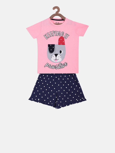 

Lazy Shark Girls Pink & Navy Blue Printed T-shirt with Shorts