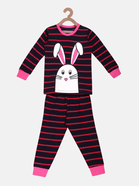 

Lazy Shark Girls Navy Blue & Red Striped Night suit