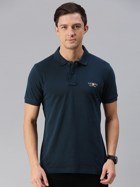 

U S Polo Assn Men Navy Blue Solid Polo Collar Pure Cotton T-shirt with Brand Logo Embroidery