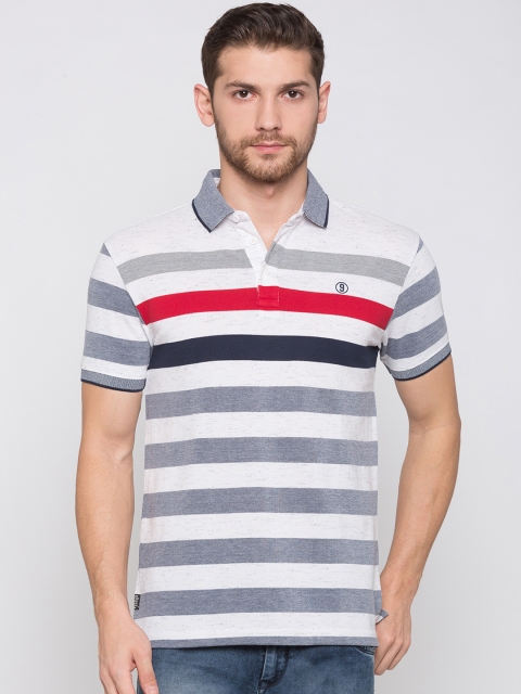 

Globus Men White & Blue Striped Polo Collar T-shirt