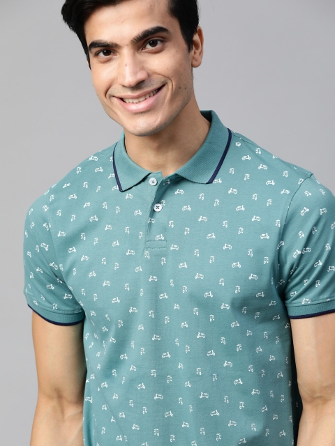

Mast & Harbour Men Sea Green & White Scooty Printed Polo Collar T-shirt