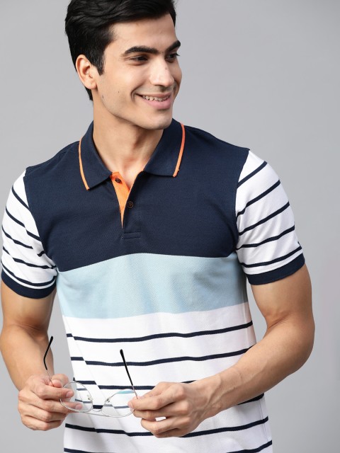 

Mast & Harbour Men White & Blue Striped Polo Collar T-shirt