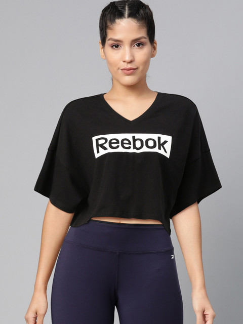 

Reebok Women Black Essentials Linear Logo Graphic Print Training Crop Top