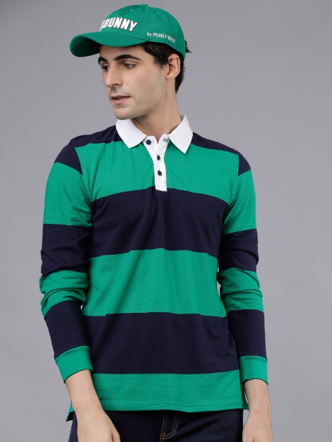 

HIGHLANDER Men Green & Navy Blue Striped Polo Collar T-shirt