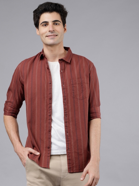 

HIGHLANDER Men Rust & Khaki Slim Fit Striped Casual Shirt