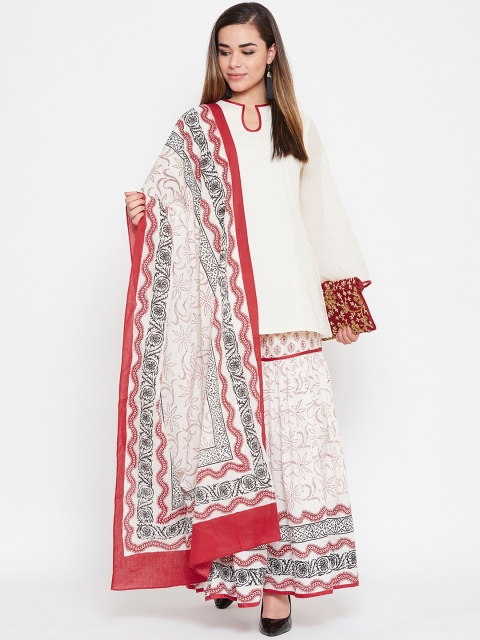 

TULIP 21 Women Off-White & Maroon Solid Kurta with Sharara & Dupatta