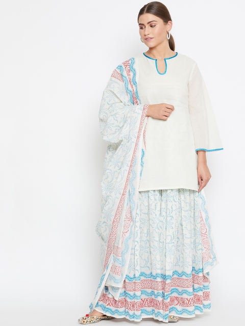 

TULIP 21 Women Off-White & Blue Solid Kurta with Sharara & Dupatta