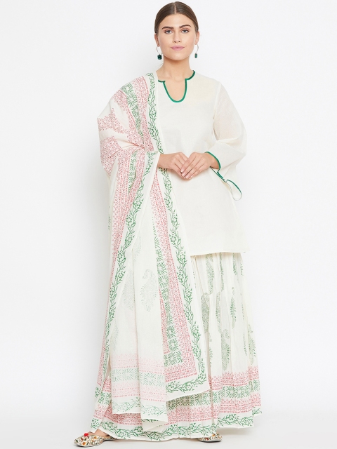

TULIP 21 Women Off-White & Green Solid Kurta with Sharara & Dupatta