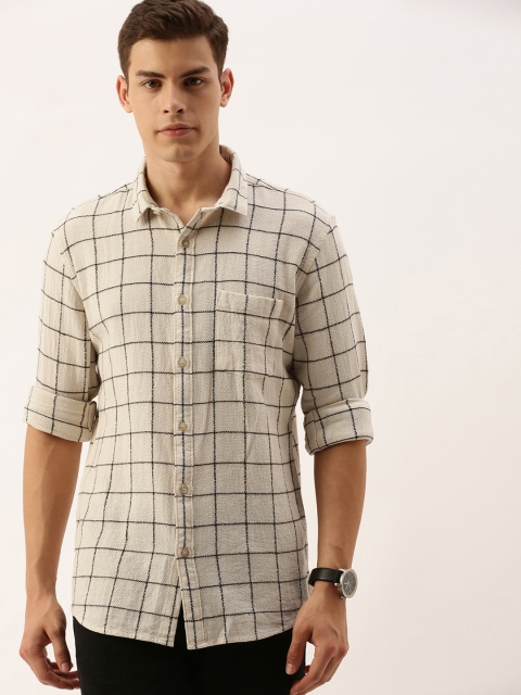 

ether Kora Men Off-White & Black Sustainable Unbleached Fabric Regular Fit Checked Sustainable Shirt