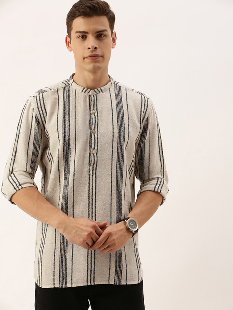 

ether Kora Men Off-White & Black Sustainable Unbleached Fabric Regular Fit Striped Sustainable Shirt