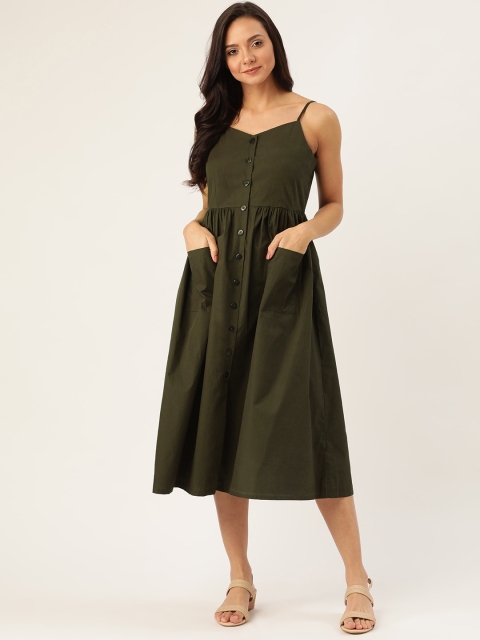 

ether Women Olive Green Solid A-Line Dress