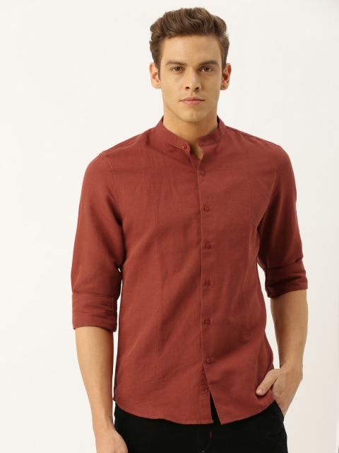 

ether Men Rust Orange Regular Fit Solid Panelled Cotton Linen Casual Shirt