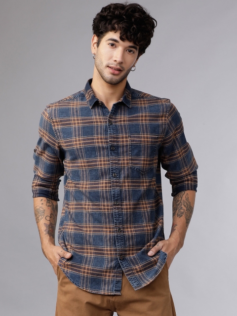 

Ecko Unltd Men Navy Blue & Yellow Slim Fit Checked Casual Shirt