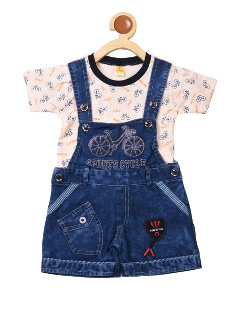 

BORN WEAR Boys Peach-Coloured & Navy Blue Dungarees with T-shirt