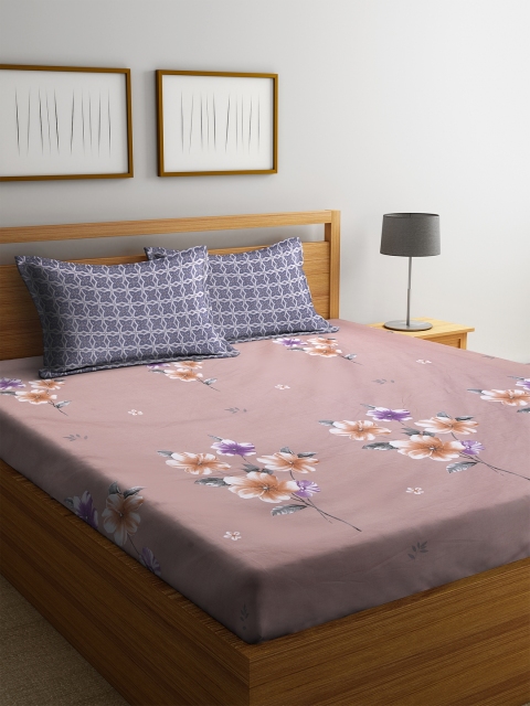 

DREAM WEAVERZ Purple Floral 250 TC Cotton 1 King Bedsheet with 2 Pillow Covers