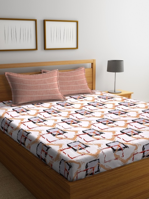 

DREAM WEAVERZ White & Brown Abstract 250 TC Cotton 1 King Bedsheet with 2 Pillow Covers